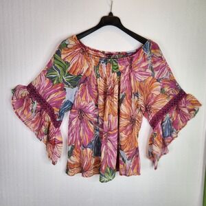 Unique Spectrum Floral Smocked Blouse 3X Pink Orange Tropical Bell Sleeve Top